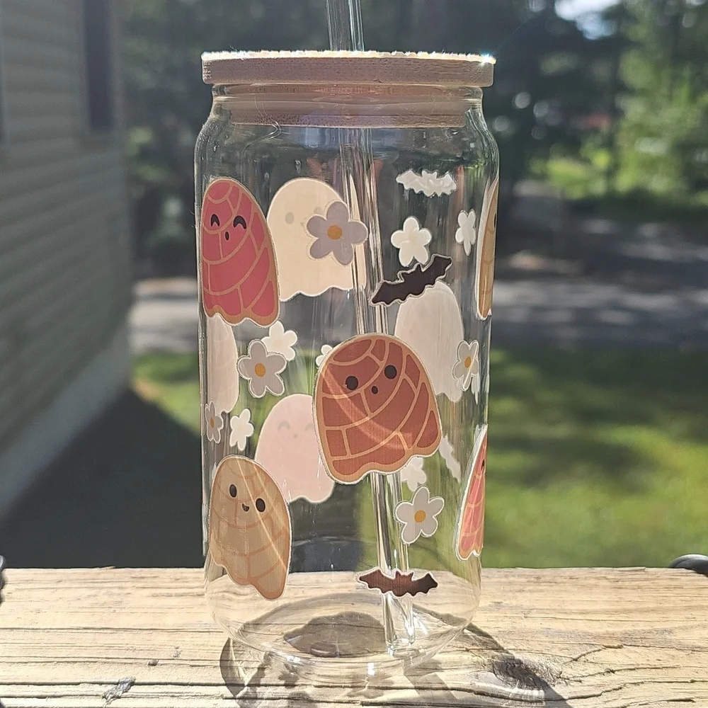 Cute Ghost and Flower Glass Tumbler with Straw - Picture 4 of 4